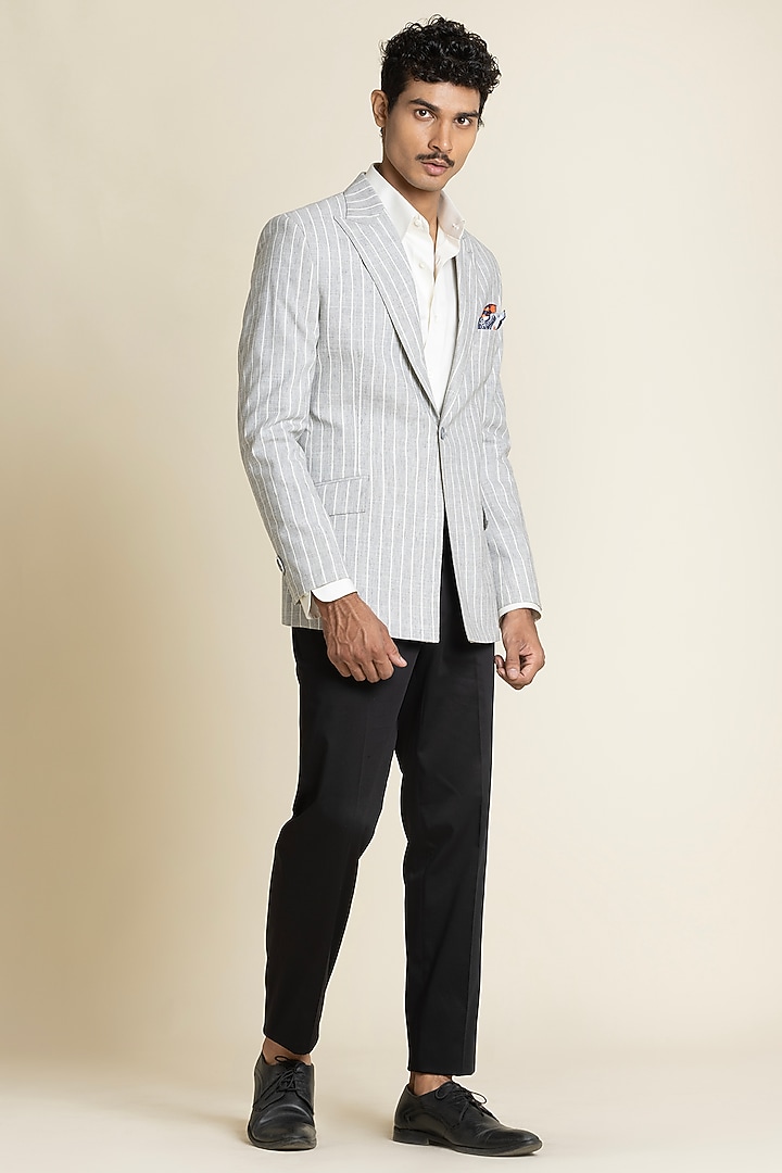 Greyish-Blue Linen Striped Jacket by SBJ at Pernia's Pop Up Shop