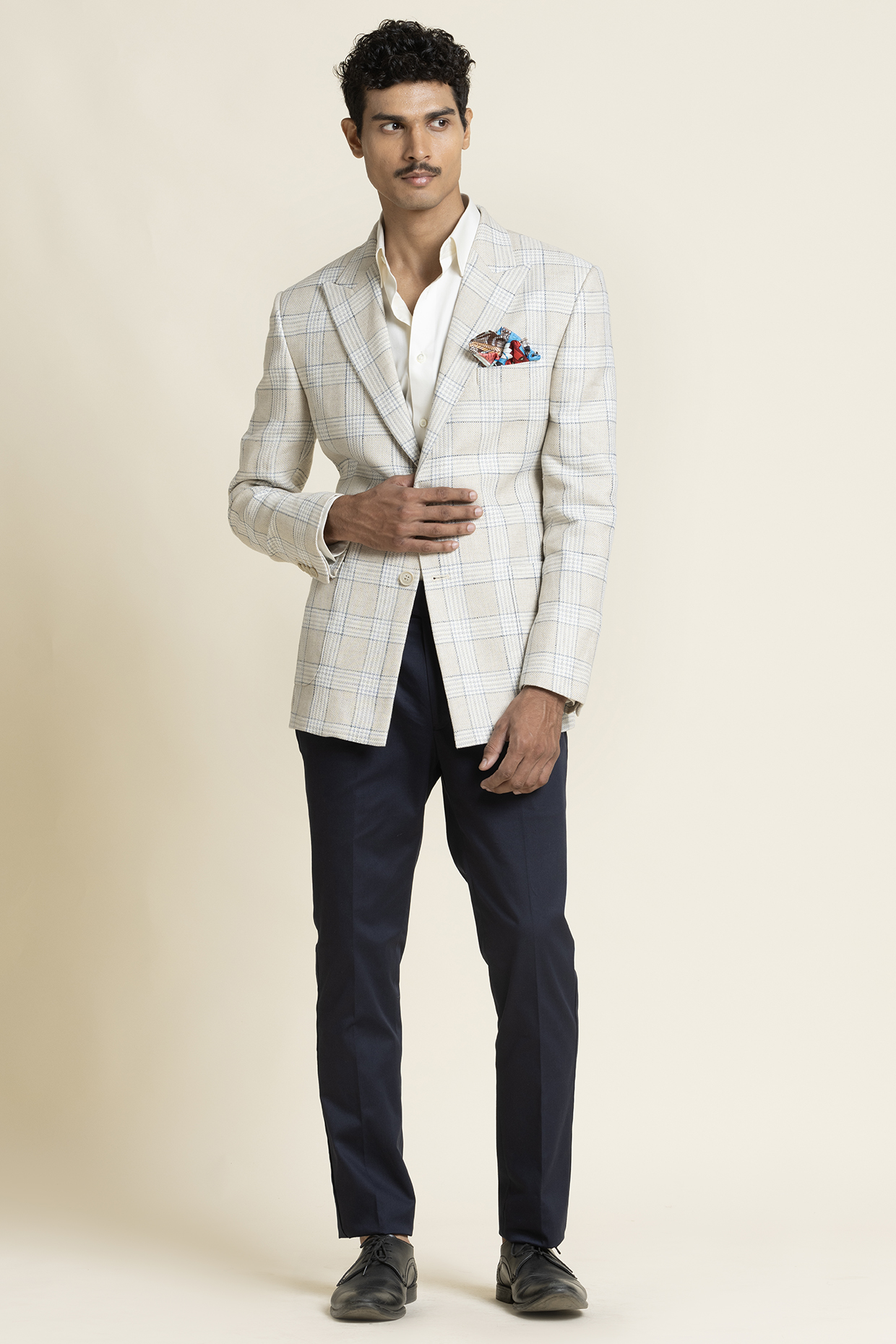 Ivory Poly Linen Checkered Jacket by SBJ