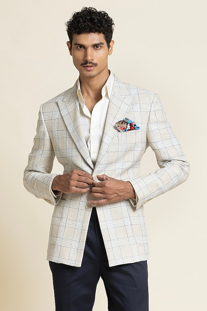 Ivory Poly Linen Checkered Jacket by SBJ at Pernia's Pop Up Shop