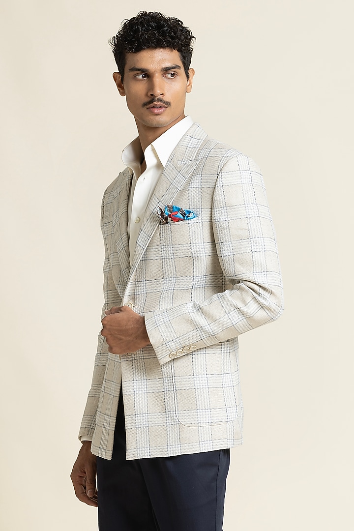 Ivory Poly Linen Checkered Jacket by SBJ at Pernia's Pop Up Shop