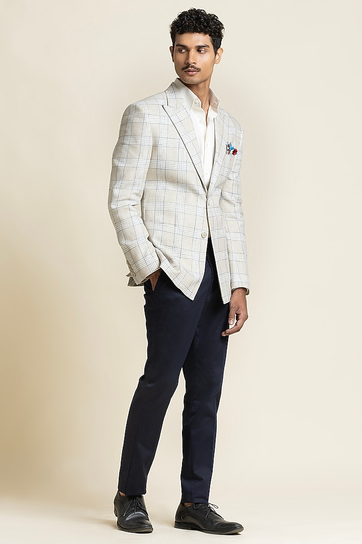 Ivory Poly Linen Checkered Jacket by SBJ at Pernia's Pop Up Shop