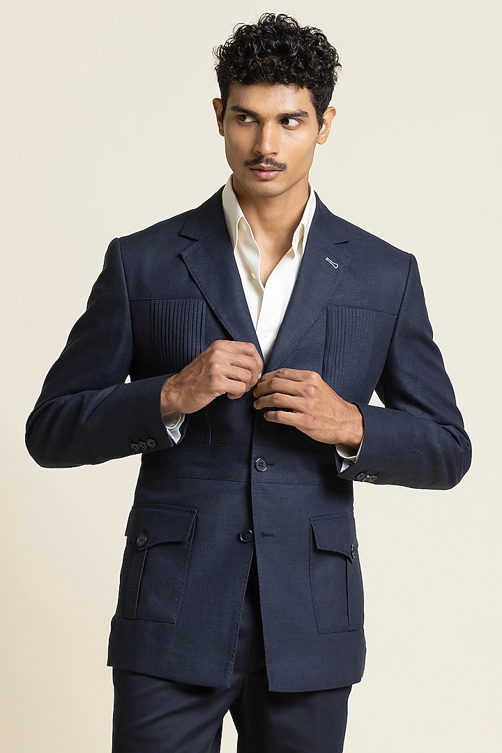 Dark Blue Linen Safari Jacket by SBJ at Pernia's Pop Up Shop