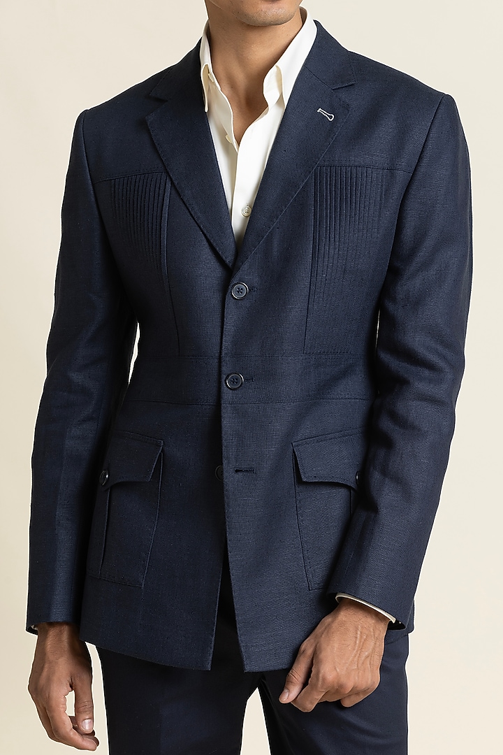 Dark Blue Linen Safari Jacket by SBJ at Pernia's Pop Up Shop