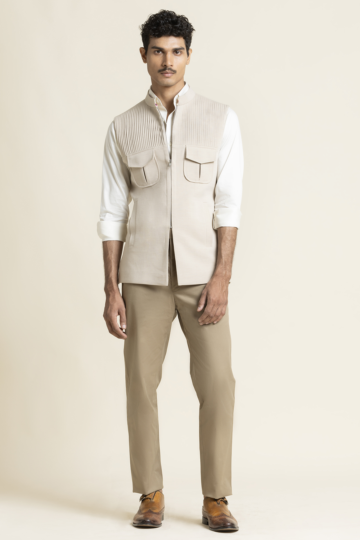 Light Beige Cotton Mix Waistcoat by SBJ