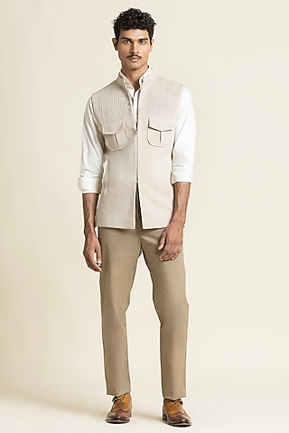 Light Beige Cotton Mix Waistcoat by SBJ