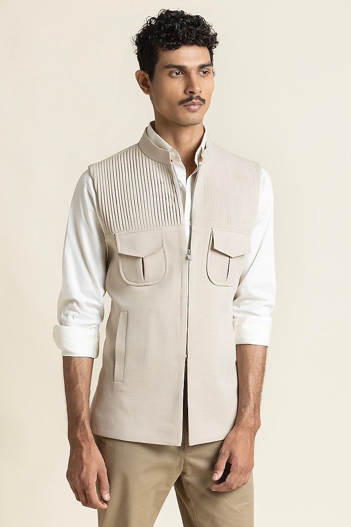 Light Beige Cotton Mix Waistcoat by SBJ at Pernia's Pop Up Shop