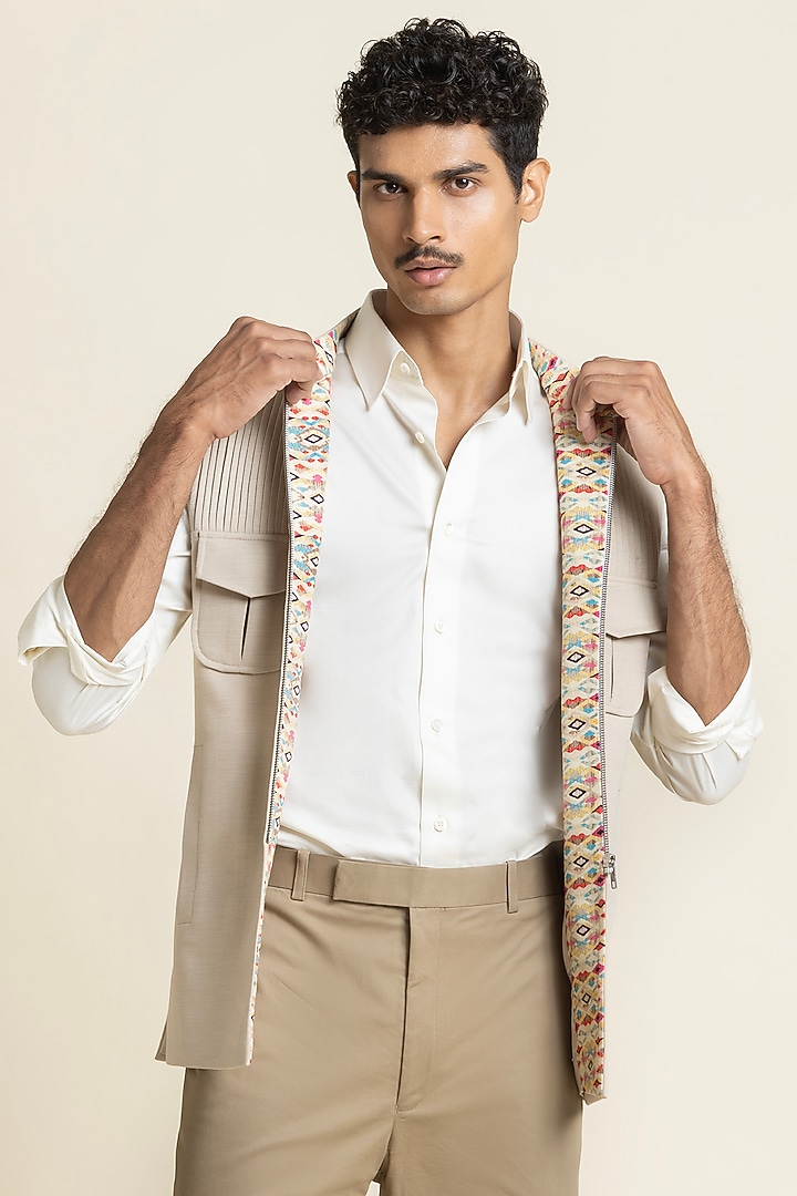 Light Beige Cotton Mix Waistcoat by SBJ at Pernia's Pop Up Shop