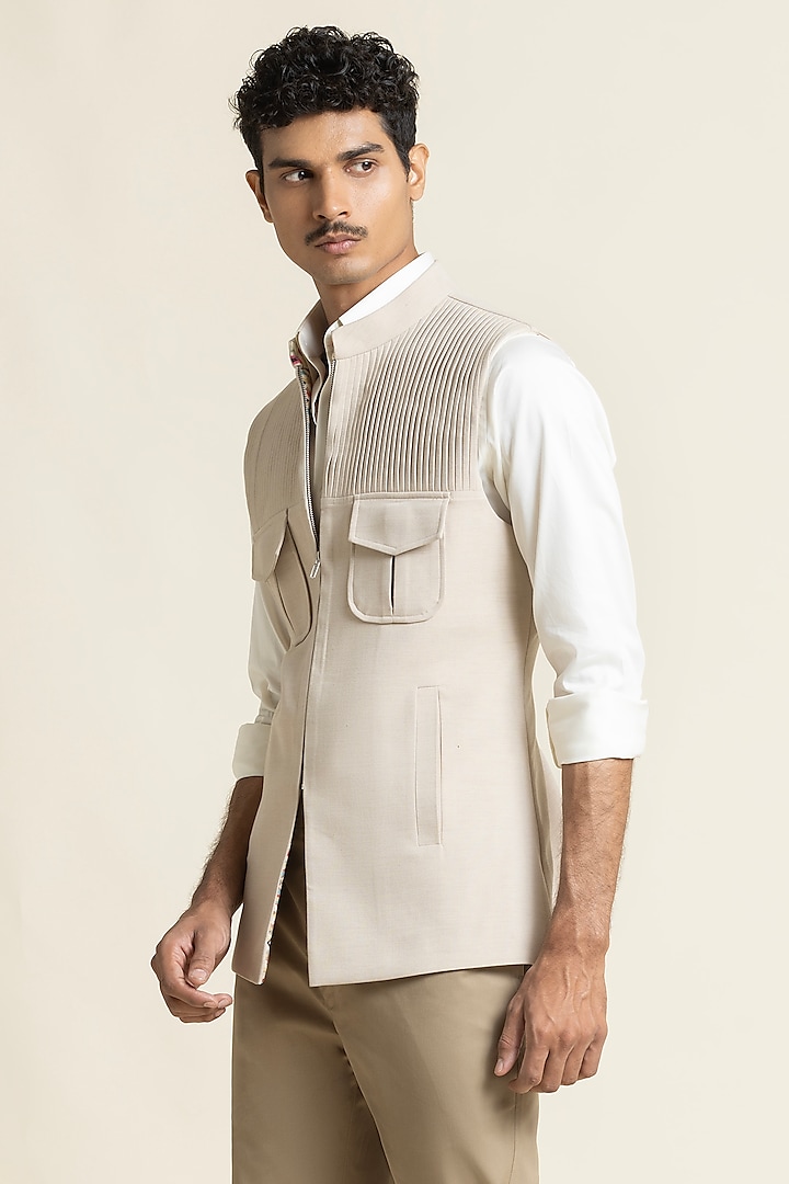 Light Beige Cotton Mix Waistcoat by SBJ at Pernia's Pop Up Shop