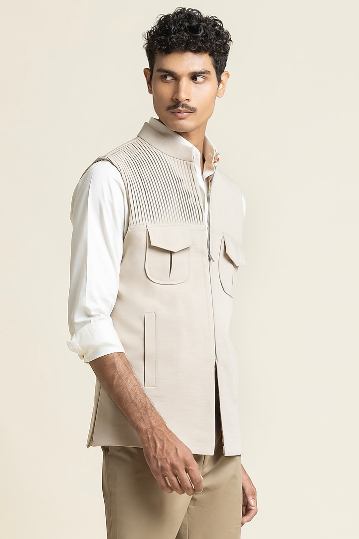 Light Beige Cotton Mix Waistcoat by SBJ at Pernia's Pop Up Shop