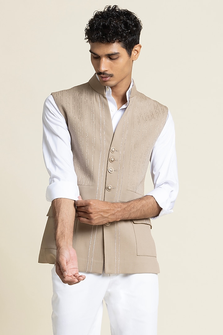 Sand Beige Brushed Cotton Waistcoat by SBJ at Pernia's Pop Up Shop