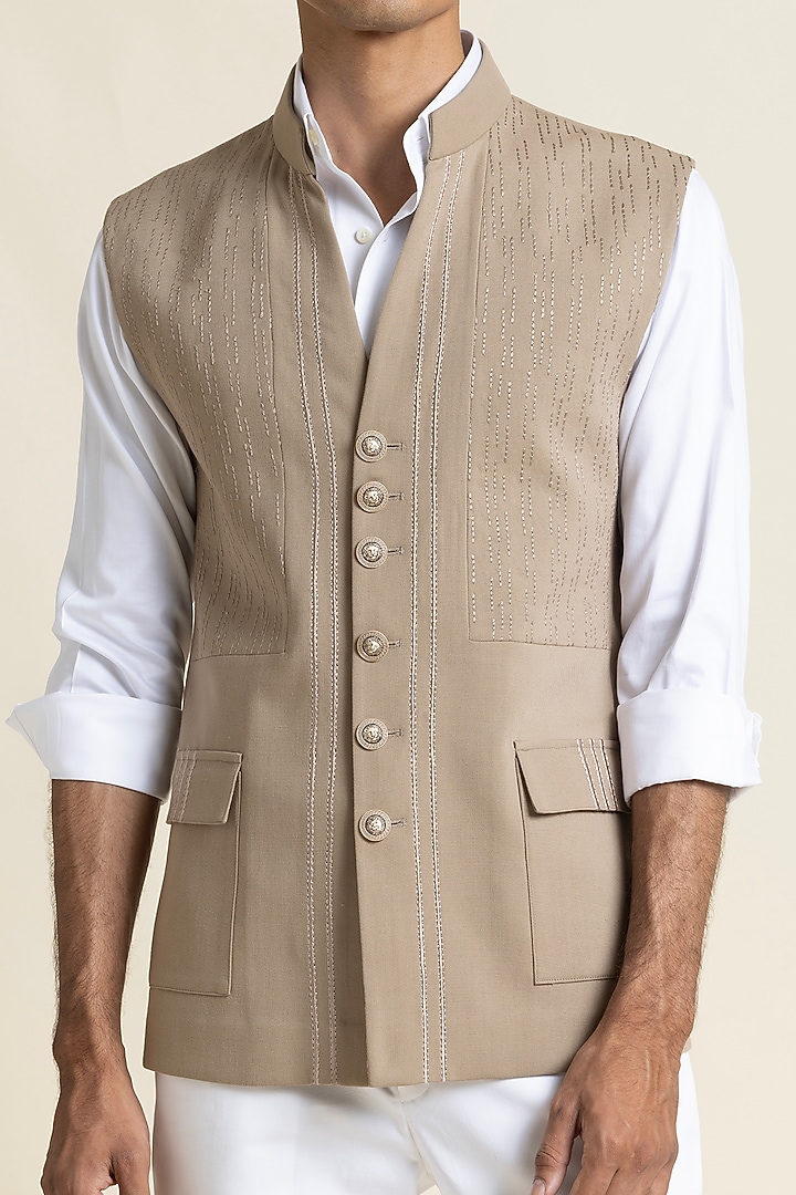 Sand Beige Brushed Cotton Waistcoat by SBJ at Pernia's Pop Up Shop