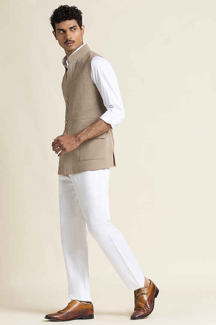 Sand Beige Brushed Cotton Waistcoat by SBJ at Pernia's Pop Up Shop