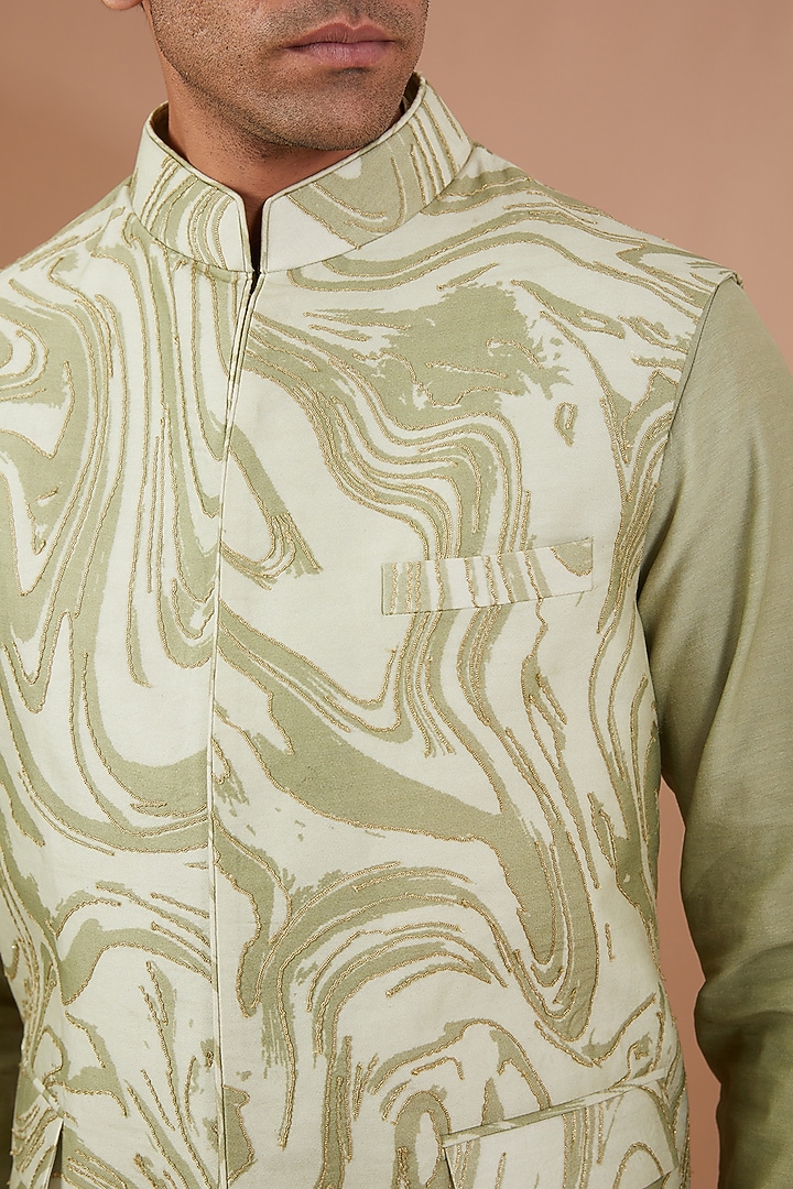 Green Silk Bundi Jacket Set by SBJ at Pernia's Pop Up Shop