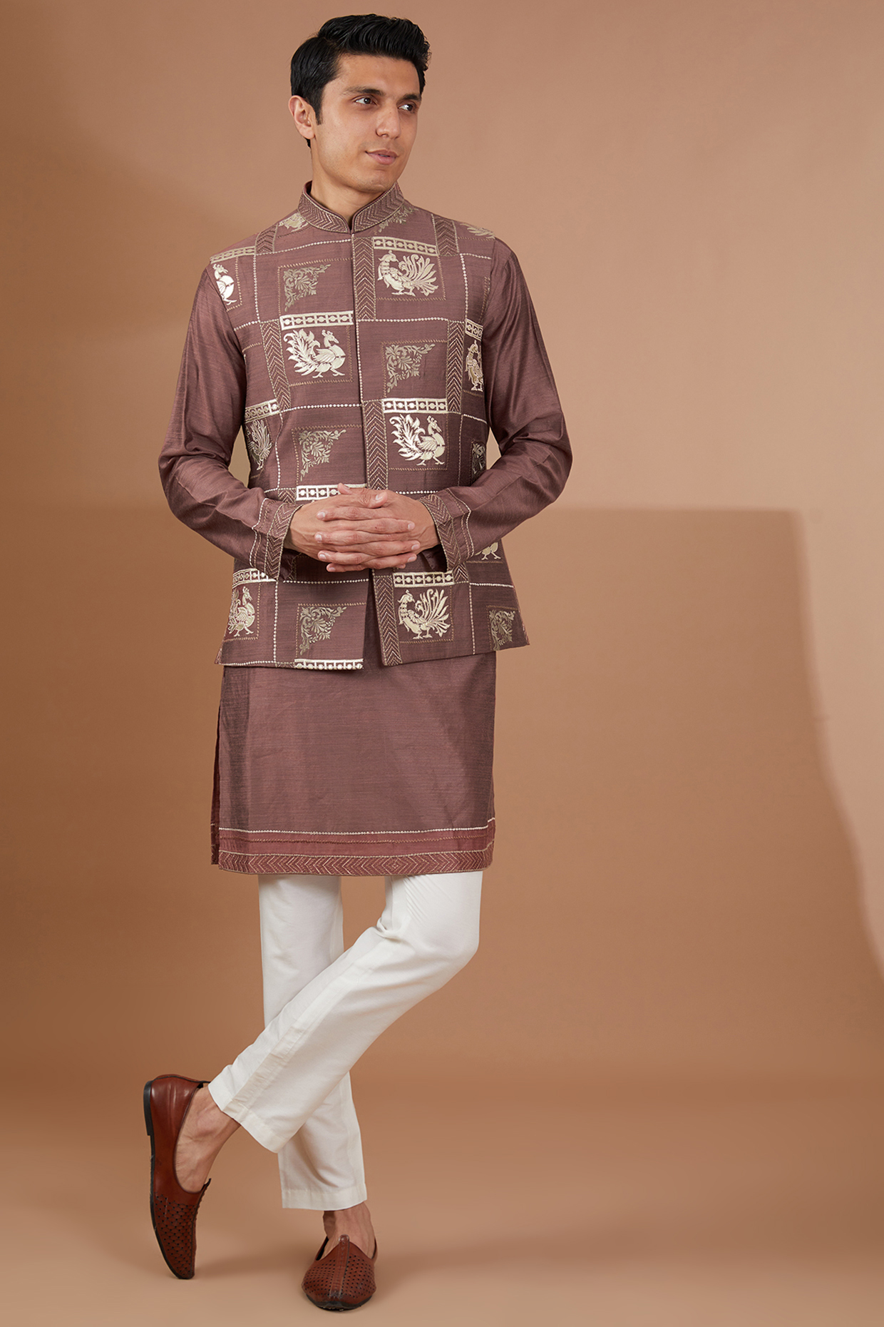 Rust Silk Bundi Jacket Set by SBJ