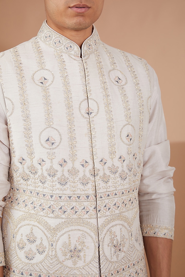 Ivory Raw Silk Bundi Jacket Set by SBJ at Pernia's Pop Up Shop