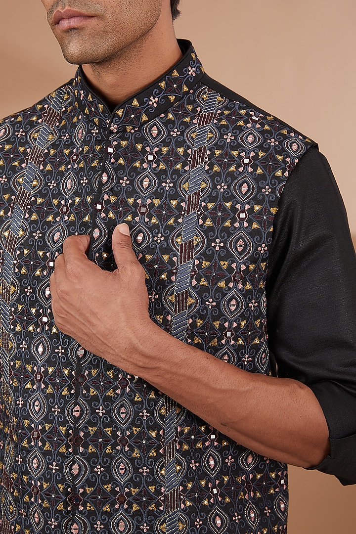 Dark Green Silk Embroidered Bundi Jacket Set by SBJ at Pernia's Pop Up Shop