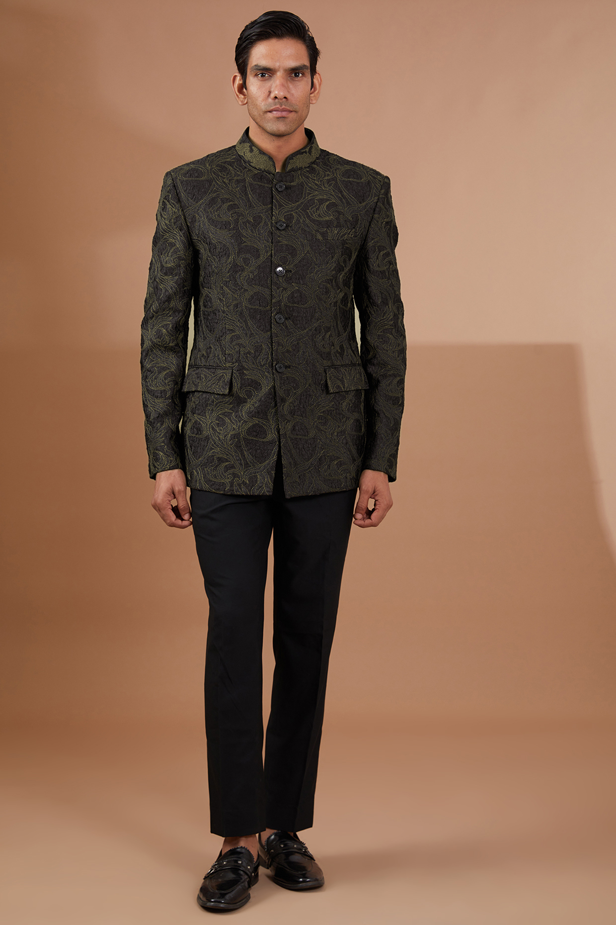 Black Italian Jacquard Bandhgala Set by SBJ