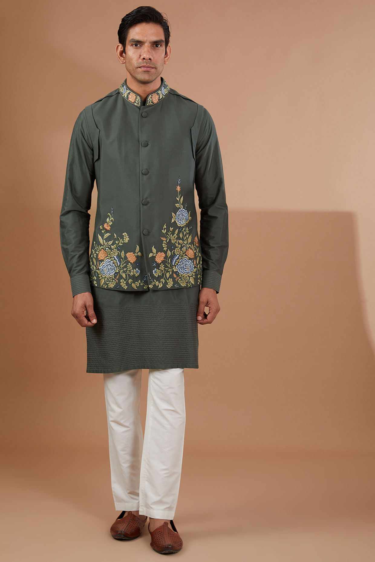 Olive Green Silk Embroidered Bundi Jacket Set by SBJ