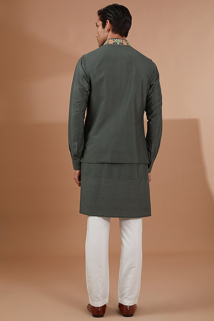 Olive Green Silk Embroidered Bundi Jacket Set by SBJ at Pernia's Pop Up Shop