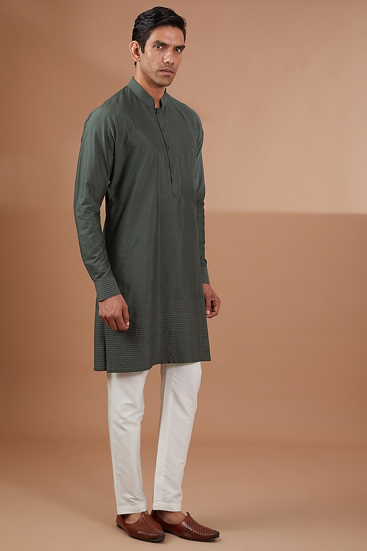 Olive Green Silk Embroidered Bundi Jacket Set by SBJ at Pernia's Pop Up Shop