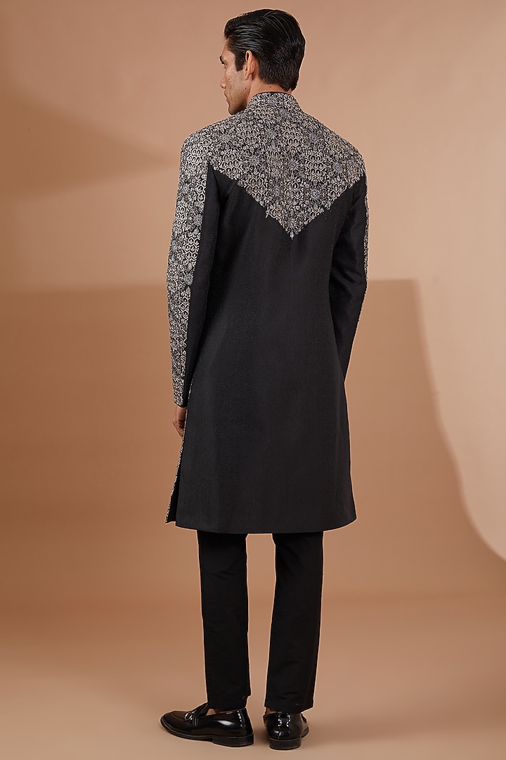 Grey Silk Wool Embroidered Wedding Sherwani Set by SBJ at Pernia's Pop Up Shop