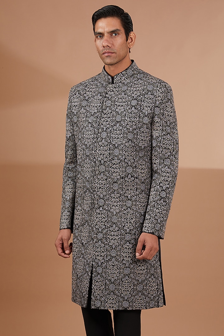 Grey Silk Wool Embroidered Wedding Sherwani Set by SBJ at Pernia's Pop Up Shop