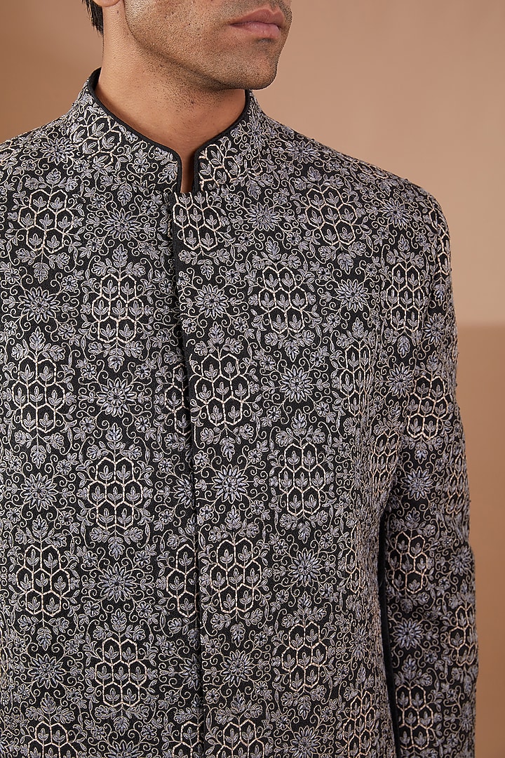 Grey Silk Wool Embroidered Wedding Sherwani Set by SBJ at Pernia's Pop Up Shop