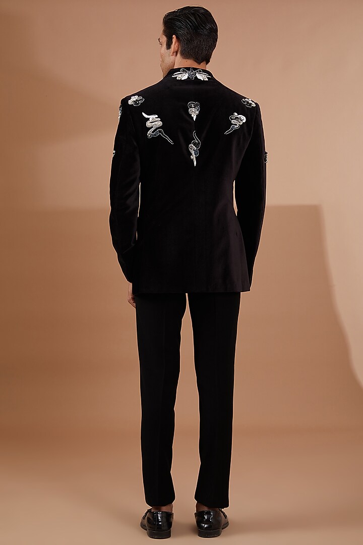 Black Cotton Velvet Hand Embroidered Wedding Bandhgala Set by SBJ at Pernia's Pop Up Shop