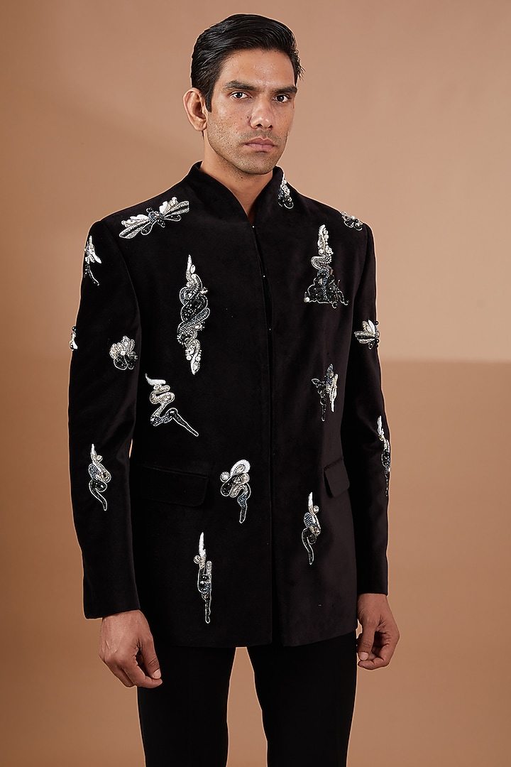 Black Cotton Velvet Hand Embroidered Wedding Bandhgala Set by SBJ at Pernia's Pop Up Shop