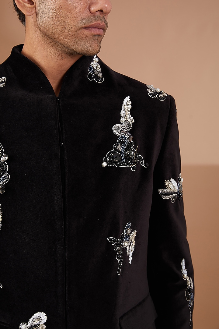 Black Cotton Velvet Hand Embroidered Wedding Bandhgala Set by SBJ at Pernia's Pop Up Shop