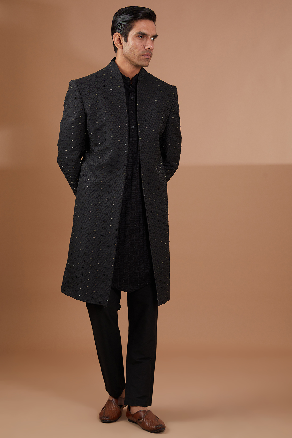 Black Italian Terry Wool Embroidered Indowestern Set by SBJ