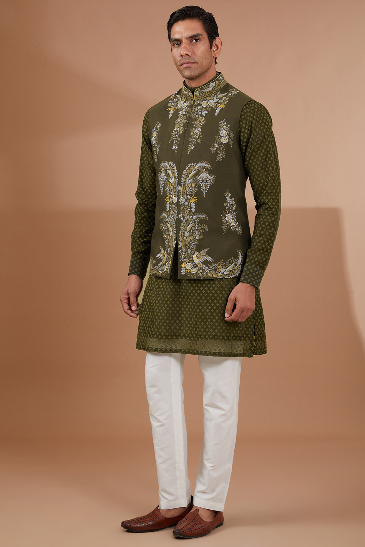 Green Silk Embroidered Bundi Jacket Set by SBJ
