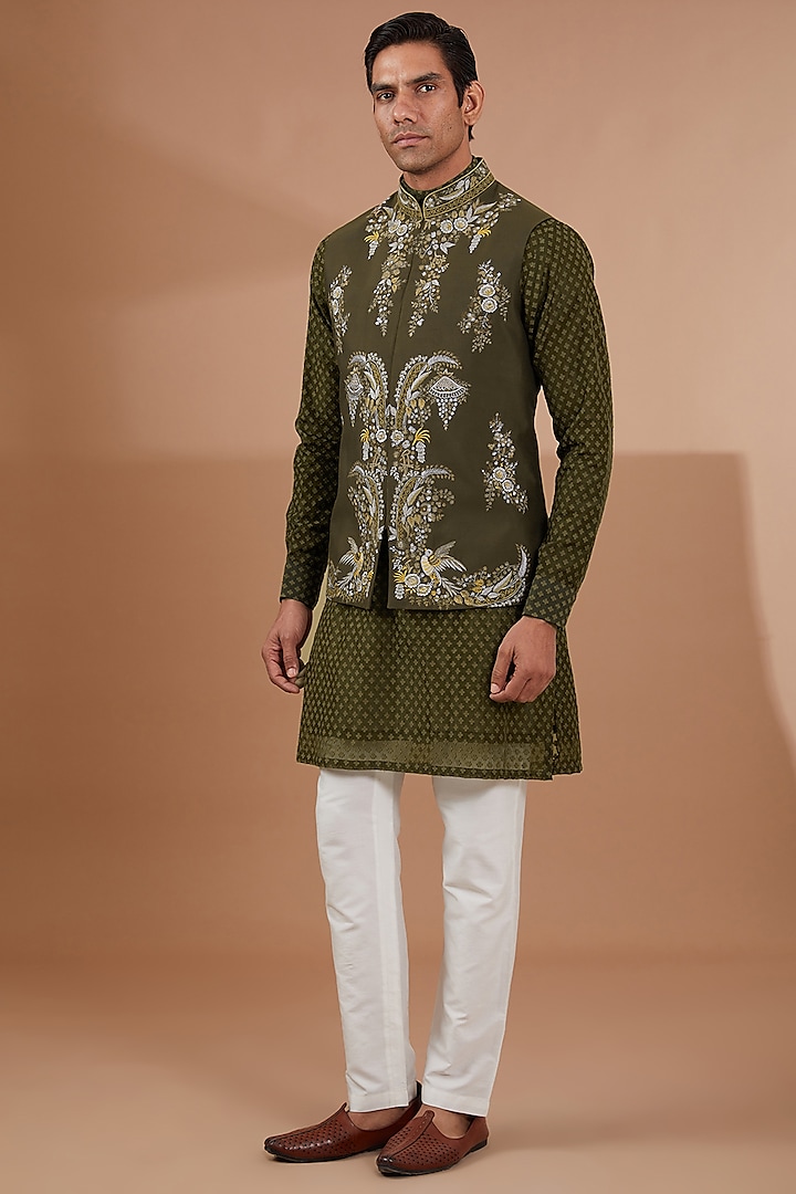 Green Silk Embroidered Bundi Jacket Set by SBJ