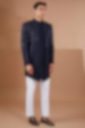 Navy Blue Italian Jacquard Indowestern Set by SBJ