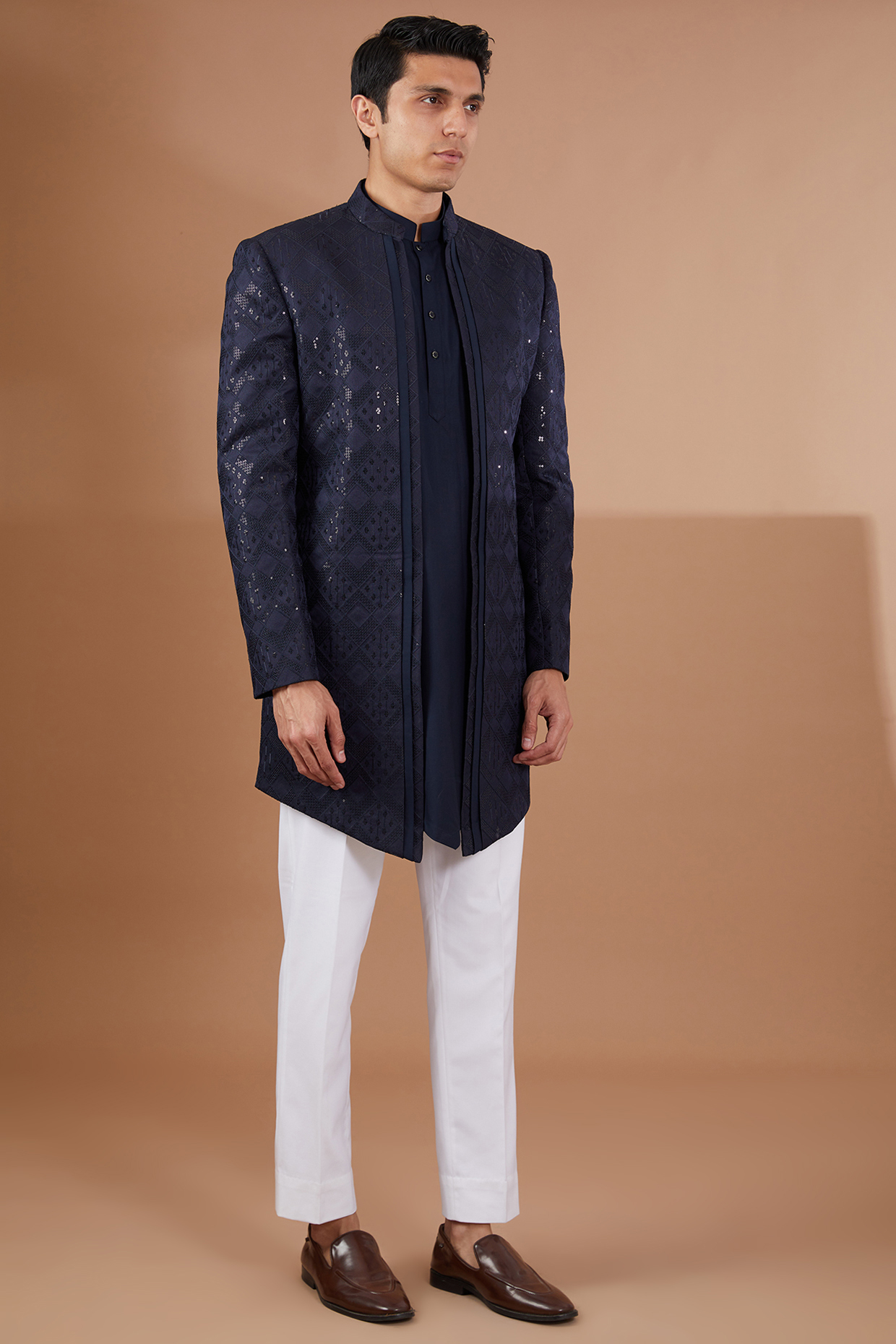 Navy Blue Italian Jacquard Indowestern Set by SBJ