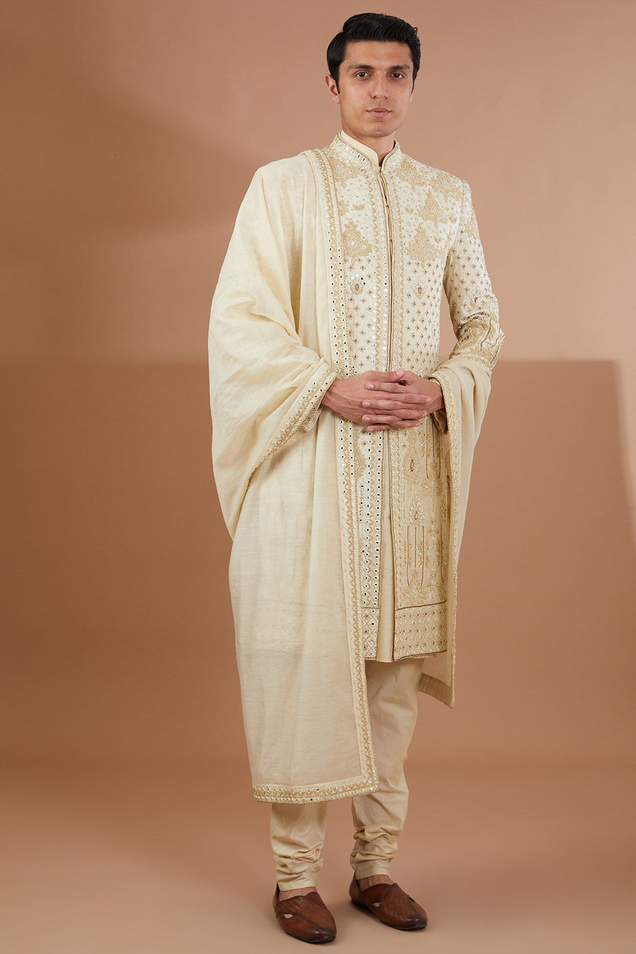 Ivory Raw Silk Sherwani Set by SBJ