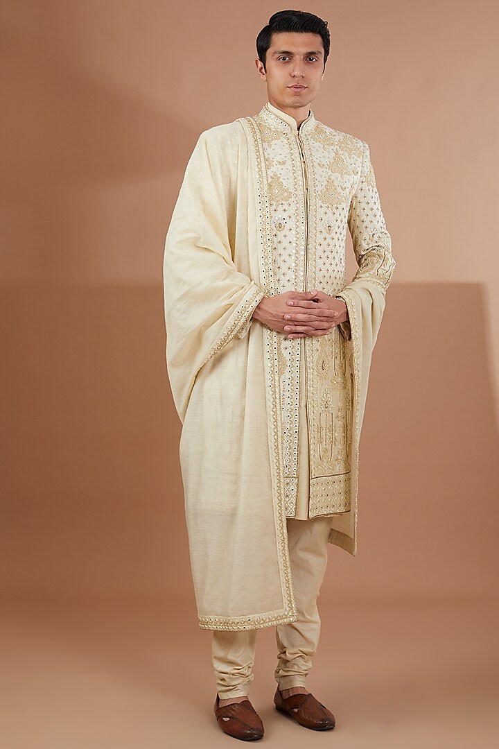 Ivory Raw Silk Sherwani Set by SBJ