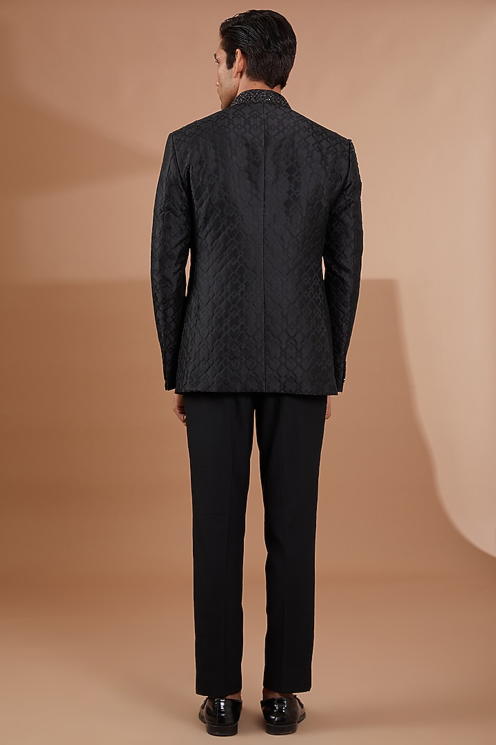 Black Italian Jacquard Embroidered Wedding Bandhgala Set by SBJ at Pernia's Pop Up Shop