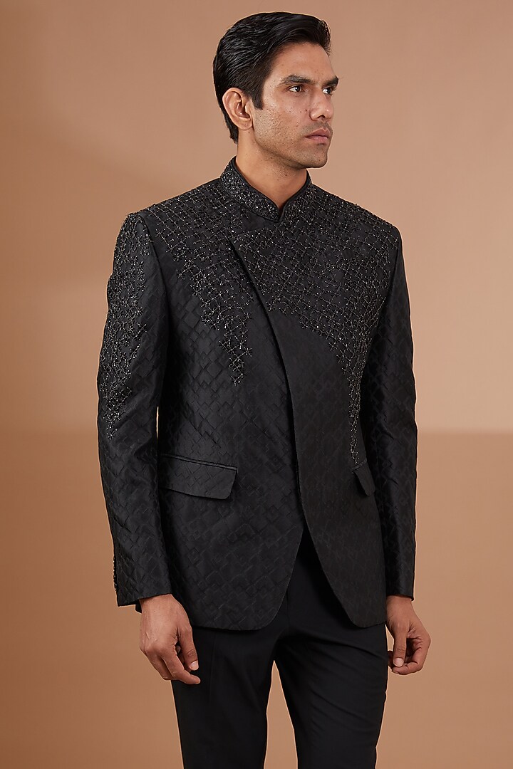 Black Italian Jacquard Embroidered Wedding Bandhgala Set by SBJ at Pernia's Pop Up Shop