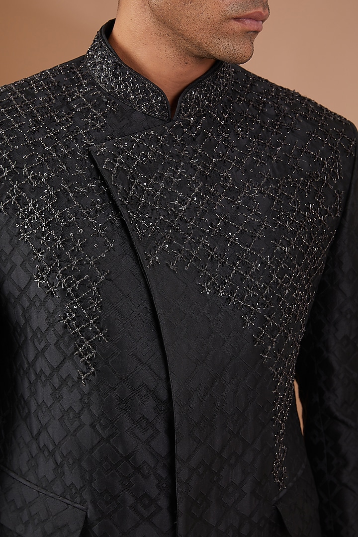 Black Italian Jacquard Embroidered Wedding Bandhgala Set by SBJ at Pernia's Pop Up Shop