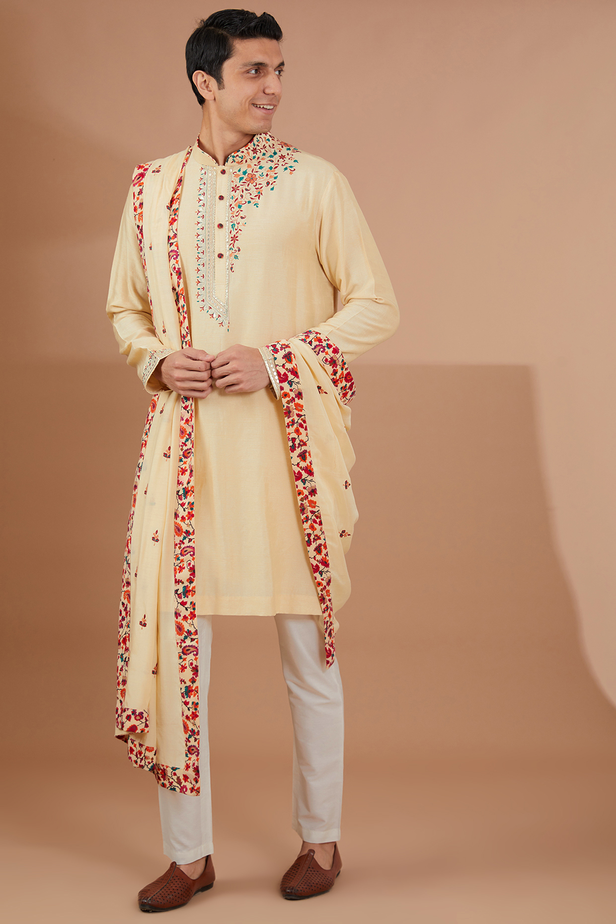 Yellow Silk Embroidered Kurta Set by SBJ