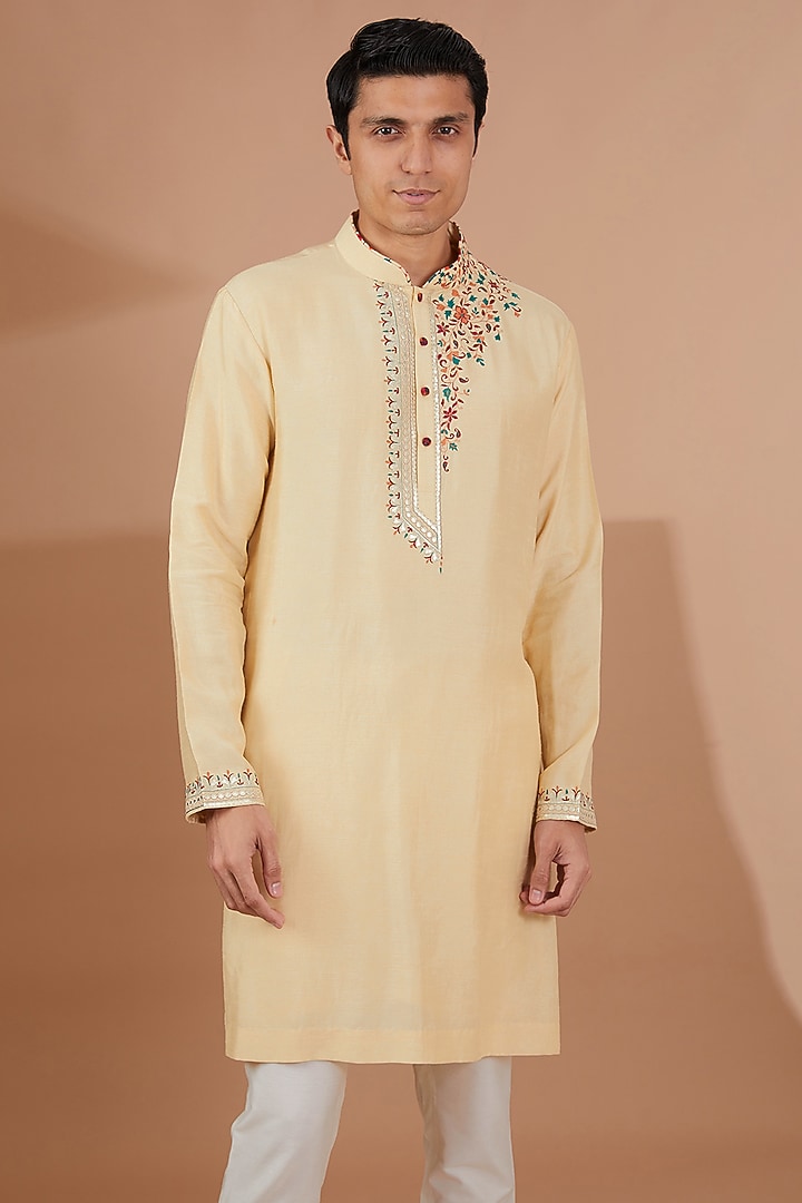 Yellow Silk Embroidered Kurta Set by SBJ at Pernia's Pop Up Shop