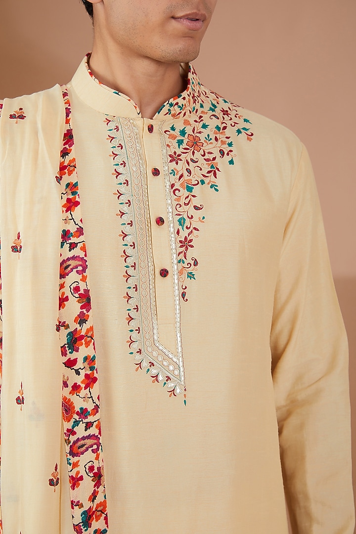 Yellow Silk Embroidered Kurta Set by SBJ at Pernia's Pop Up Shop