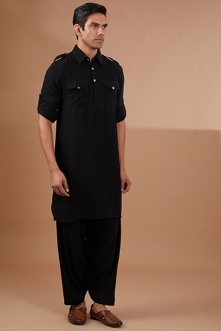 Black Poly Viscose Kurta Set by SBJ
