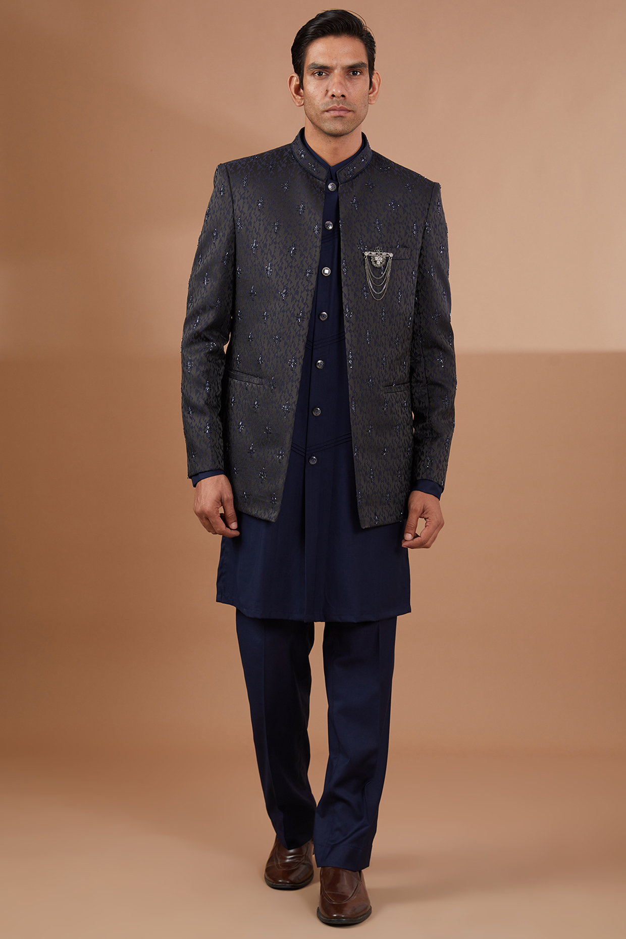 Blue Italian Jacquard Indowestern Set by SBJ