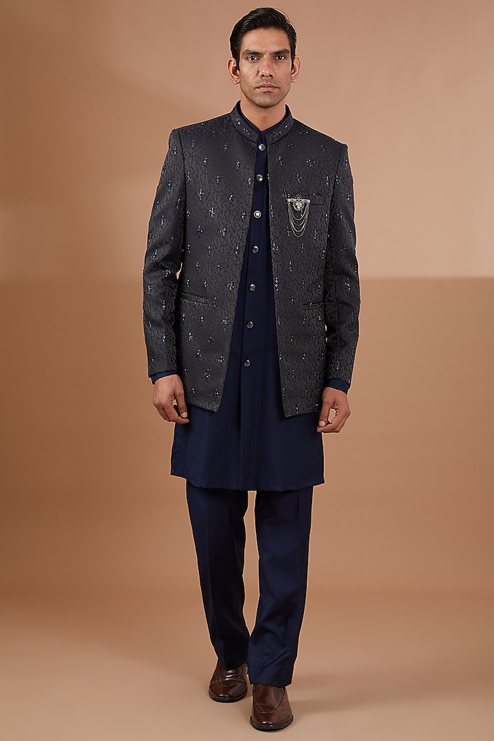 Blue Italian Jacquard Indowestern Set by SBJ