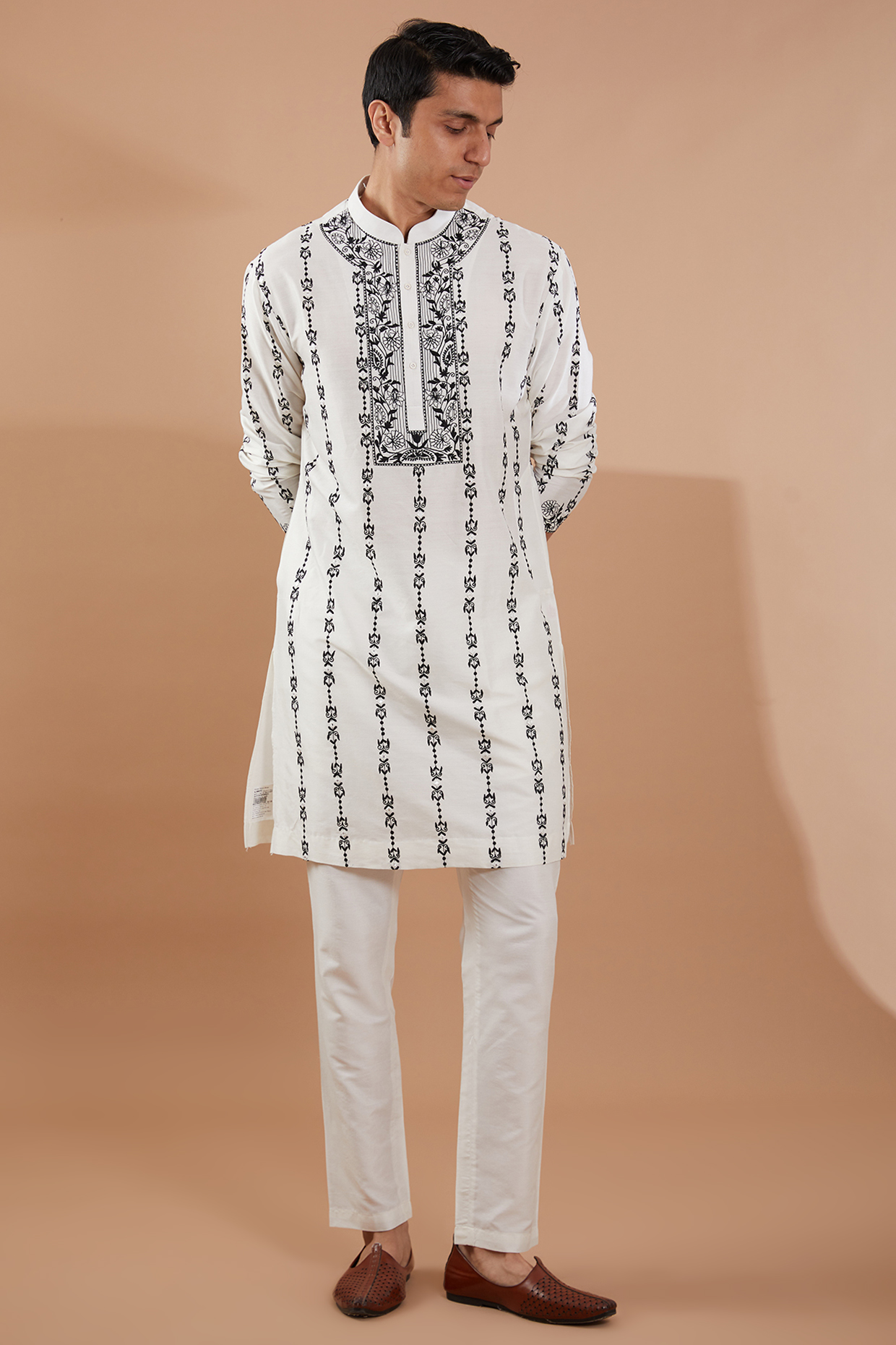 White Silk Thread Embroidered Kurta Set by SBJ