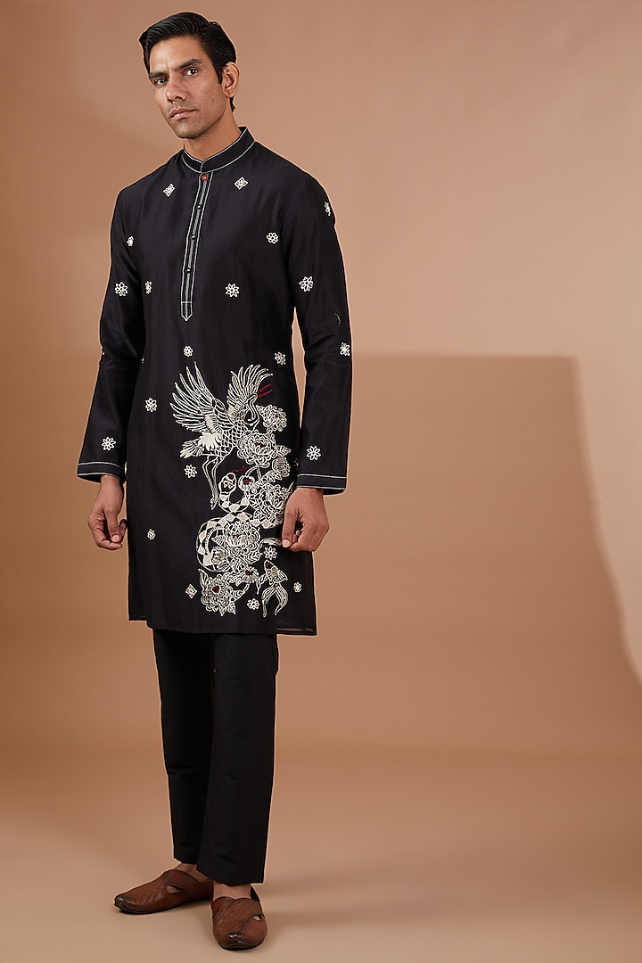 Black Silk Thread Embroidered Kurta Set by SBJ