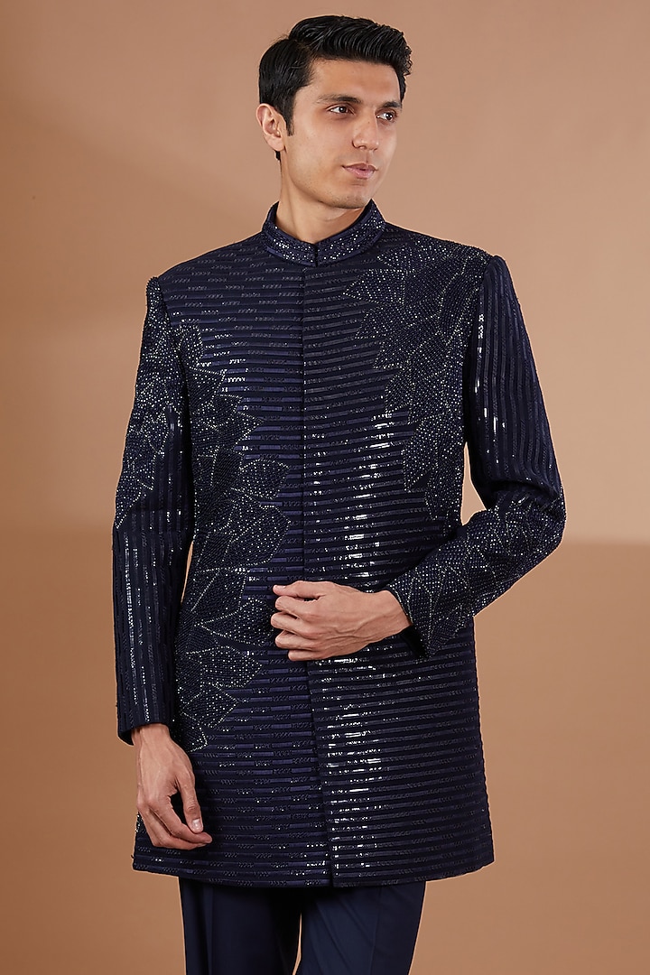 Blue Poly Viscose Thread Embroidered Wedding Indowestern Set by SBJ at Pernia's Pop Up Shop