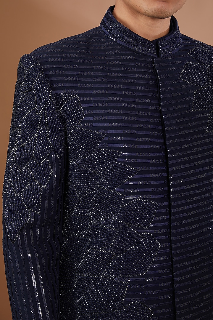 Blue Poly Viscose Thread Embroidered Wedding Indowestern Set by SBJ at Pernia's Pop Up Shop